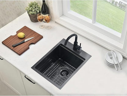 Black Bar Sink Drop In, 15x20 Inch Kitchen Sink Stainless Steel Small Topmount Workstation Sinks, Single Bowl Kitchen Sinks for Office Laundry Wet Bar Prep RV Outdoor Yard