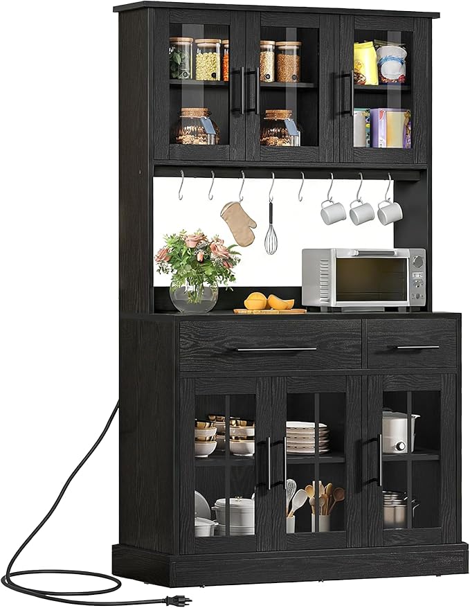 DWVO Kitchen Pantry Storage Cabinet with Microwave Stand, 71'' Tall Kitchen Hutch Cabinets with Power Outlet, Modern Food Pantry Hutch with Drawers ＆ Shelves for Home, Pack of 1, Black