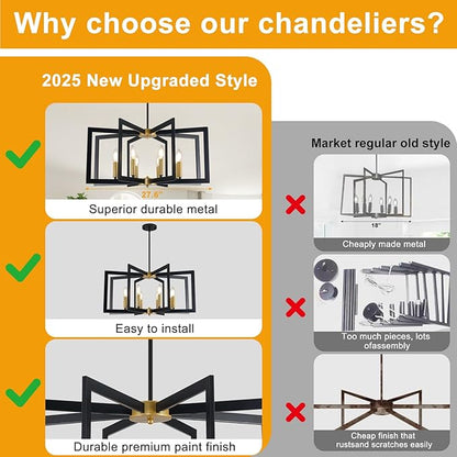 27.6" Modern Chandelier, 8-Light Geometric Dining Room Light Fixture Over Table, Farmhouse Kitchen Island Lighting, Industrial Black and Gold Hanging Pendant Lights for Foyer, Hallway, Entryway