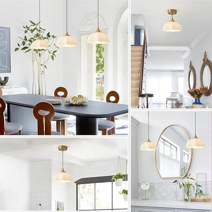 Mid Century Modern Pendant Light Kitchen Island Minimalist Gold Adjustable Ceiling Hanging Light Fixtures White Single Opal Glass Nordic Retro Dome Pendant Light for Dining Room MPL17-1 GD