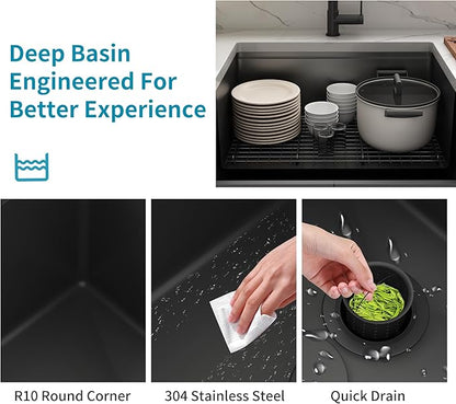 Kitsitchen Black Undermount Kitchen Sink, Black Stainless Steel Kitchen Sink, 32 Inch Large and Deep Handmade Single Bowl Kitchen Sinks with Practical Accessories, 16G Stainless Steel Material
