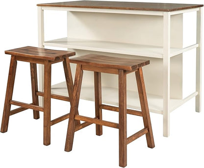 Solid Wood Rustic 3 45" Stationary Kitchen Island Set with 2 Seatings, Rubber Wood Butcher Block Dining Table Set Prep Table Set with 2 Open Shelves for Small Places,Walnut+Cream White JN401
