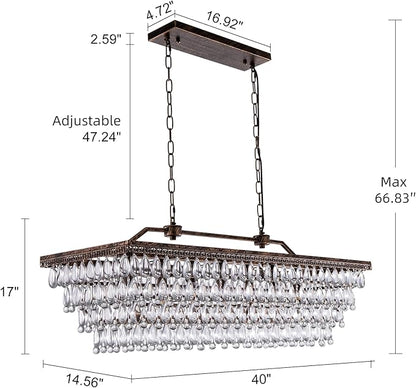 Wellmet Dining Room Crystal Chandelier 40 Inch Antique Bronze Rectangle Chandeliers 7 Lights Farmhouse Hanging Ceiling Large Light Fixtures for Kitchen Island, Living Room, Entryway