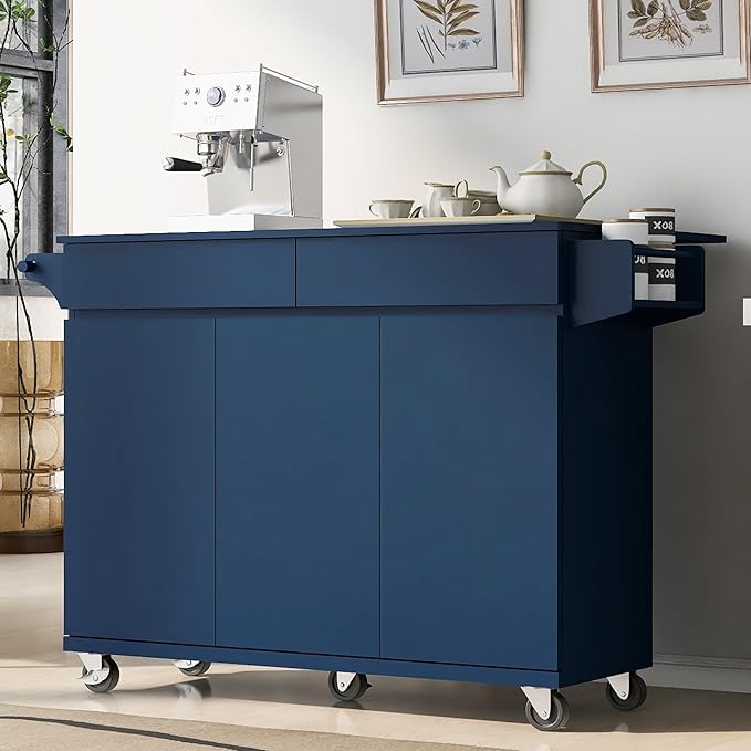 53.2'' Rolling Kitchen Island Cart with Drop Leaf and Adjustable Shelves,Spice Rack, Towel Rack and 2 Drawers,for Kitchen Living Room Dining Room (Navy Blue@u)