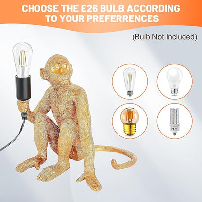 Monkey Table Light, Vintage Creative Animal Statue Desk Lamp for Home Decor, Living Room, Bedroom, Home Office, Kids Room, Resin Material-Gold