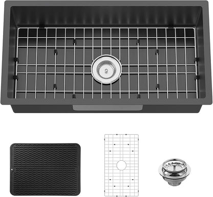 Black 32x17 Inch Undermount Kitchen Sink-Stainless Steel Single Bowl Drop In Kitchen Sink Stylish And Modern Look With Bottom Grid,Silicon Mat And Drain Assembly Add Elegance & Enhance Usability