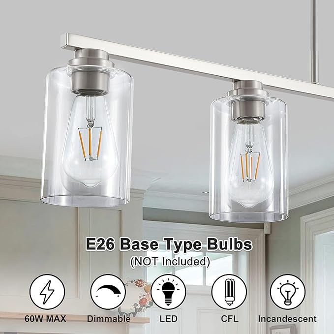 Mecgirn Island Light for Kitchen, Brushed Nickel Dining Room Light Fixture Over Table, 5-Light Linear Chandelier Pendant Lighting for Dining Table Kitchen Island Living Room