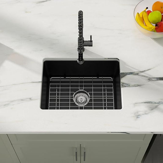 22 x 17 Undermount/Drop-in Kitchen Sink, Single Bowl Quartz Granite Composite Sink, Matte Black, Center Drain for Small Kitchen & Remodel, #DC-GU7747