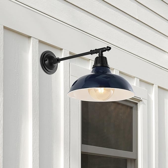 JONATHAN Y 12.25" Navy/Black 1-Light Industrial Farmhouse Outdoor Sconce, Iron Wall Light with LED Bulb, Metal Bowl Shade, Vintage Porch Lamp for Entryway Patio Kitchen (JYL7615C)