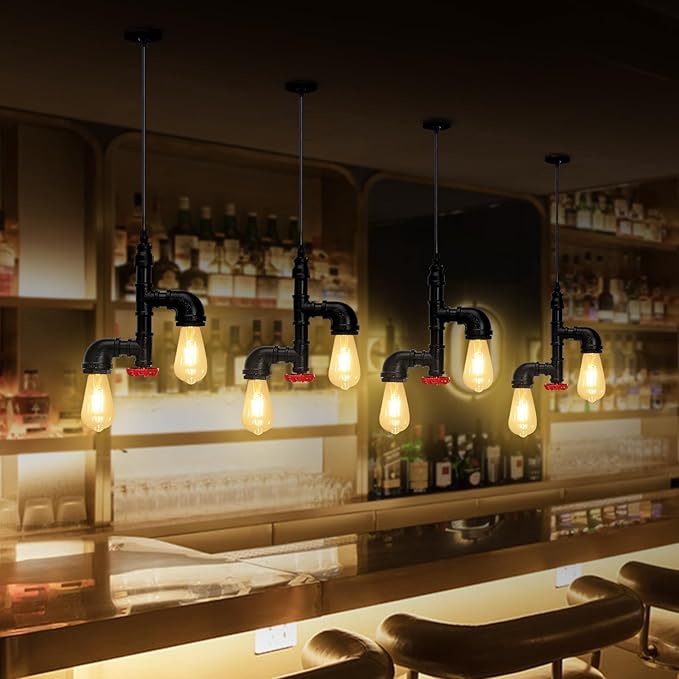 Kawell Vintage Pendant Light Fixtures Industrial Retro Ceiling Chandelier Creative Water Pipe Hanging Light Fixtures Art Deco Iron E26 60W Max for Bedroom Cafe Bar Restaurant Kitchen, Black Color