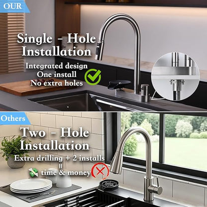 2-in-1 Kitchen Faucet with Pull Down Sprayer, 3 Spray Modes & Built-in Glass Rinser, Lead-Free Brass Single Handle, Brushed Nickel, Fits 1 or 3 Hole Sink, Suitable for Farmhouse Rv Bar