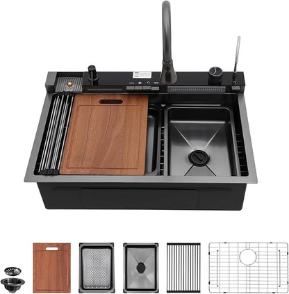 Sarlai Waterfall Kitchen Sink - 30 Inch Drop In Workstation Sink With Waterfall Black Stainless Steel 16 Gauge Multifunction Single Bowl Smart Top Mount Kitchen Sinks with Mechanical Keys 30x19 Inch