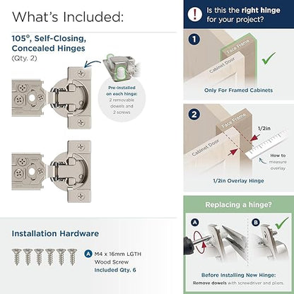 Amerock 2 Pack 1/2 inch Overlay Self-Closing Compact Concealed Hinge for Face Frame Cabinet, 105-degree Opening Angle with 3-Way adjustability