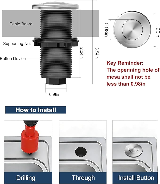 WUKUR Garbage Disposal Air Switch Kit for InSinkErator Garbage Disposal Sink Top Garbage Disposal Button Stainless Steel Brushed Nickel On/Off Air Button, Design for All Garbage Disposals
