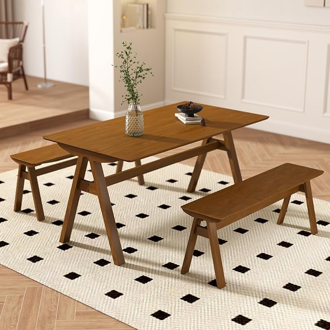 DUOMAY Wooden Dining Table with Bench Set, 59" Wide Rectangle Kitchen Table with 2 Long Benches for 4-6 for Home Small Space, Walnut Color