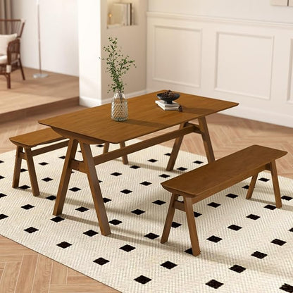 DUOMAY Wooden Dining Table with Bench Set, 59" Wide Rectangle Kitchen Table with 2 Long Benches for 4-6 for Home Small Space, Walnut Color