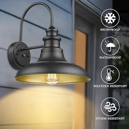 Dusk to Dawn Sensor Outdoor Barn Light Fixture, 12.3 Inch Dome Outdoor Wall Sconce Farmhouse Wall Mount Lights Exterior Light Fixture Black Finish Industrial Wall Lantern for Porch, 2Pack