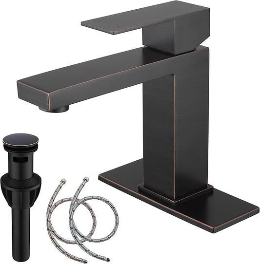 Oil Rubbed Bronze Bathroom Faucet 1 Hole, Stainless Steel Single Hole Bathroom Sink Faucet with Pop Up Drain, Bronze Lavatory Sink Faucet AML-1141-ORB