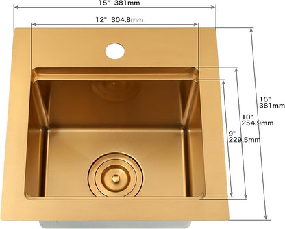 Gold Bar Sink,15 Inch Drop In Gold Kitchen Sink, 15" x 15" x 9" Small but Deep Single Bowl RV Kitchen Sinks, 16 Gauge SUS304 Stainless Steel All In One Workstation Sinks with Accessories