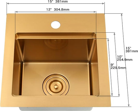 Gold Bar Sink,15 Inch Drop In Gold Kitchen Sink, 15" x 15" x 9" Small but Deep Single Bowl RV Kitchen Sinks, 16 Gauge SUS304 Stainless Steel All In One Workstation Sinks with Accessories