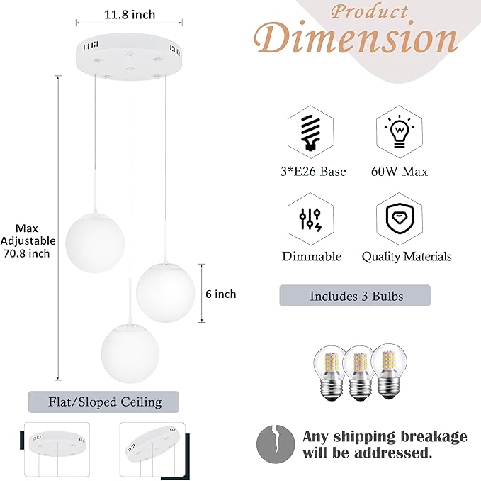 KoKo&Yukina Globe Pendant Light 3 Light White Globe Pendant Lights Kitchen Island Mid Century Light Fixture with Milky White Glass Shade for Dining Room Living Room