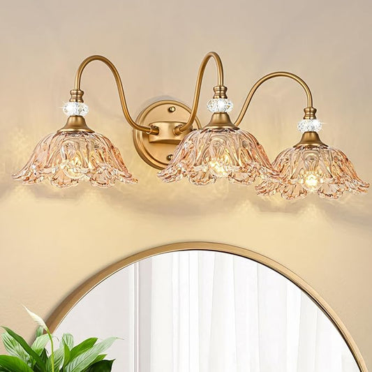 Vintage Bathroom Vanity Light, 3-Light Matte Deep Brass Finish Vanity Light with Flower-Shaped Amber Glass Shades, Retro Wall Sconce for Bathroom