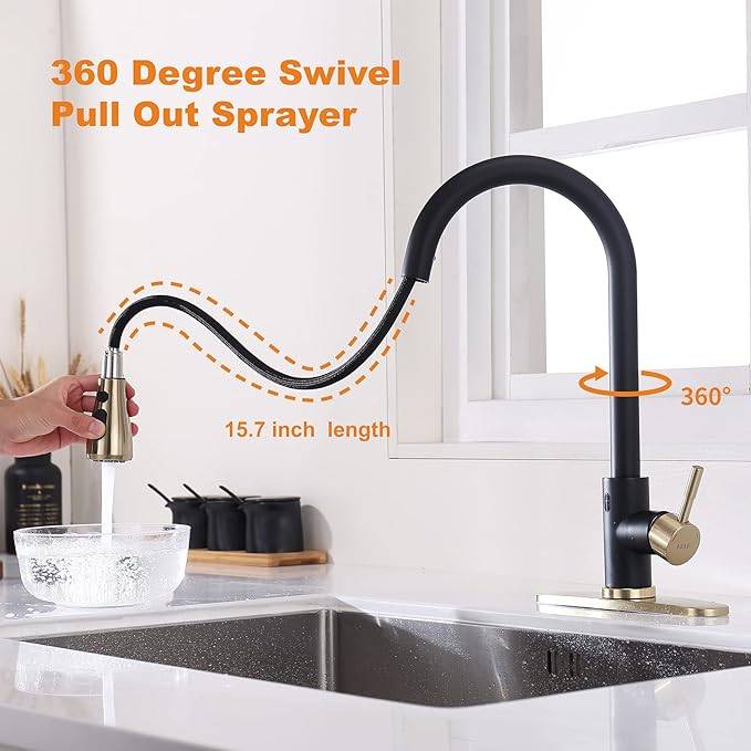 Touchless Kitchen Faucet with Pull Down Sprayer, Motion Sensor Kitchen Faucet with Kitchen Soap Dispenser, Single Handle Pull Out Faucet for Kitchen Sink,Black and Polished Chrome