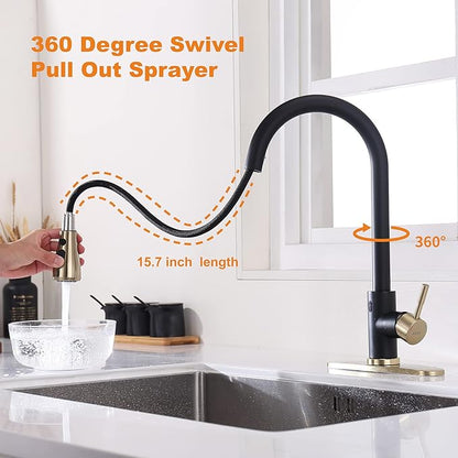 Touchless Kitchen Faucet with Pull Down Sprayer, Motion Sensor Kitchen Faucet with Kitchen Soap Dispenser, Single Handle Pull Out Faucet for Kitchen Sink,Black and Polished Chrome