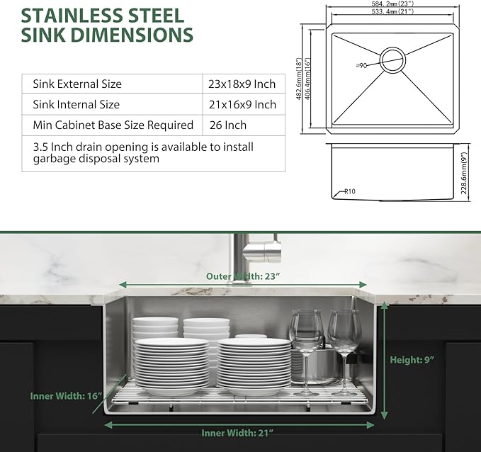 23 Inch Undermount Bar Sink 16 Gauge Stainless Steel Single Bowl RV Sink Small Rectangular Under Counter Kitchen Sink Basin 23"x18"x9"