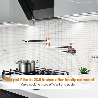 WOWOW Chrome Pot Filler Faucet - Solid Brass Pot Filler Wall-Mounted Pasta Faucet with Double Joint Swing Arm for Kitchen Over Stove