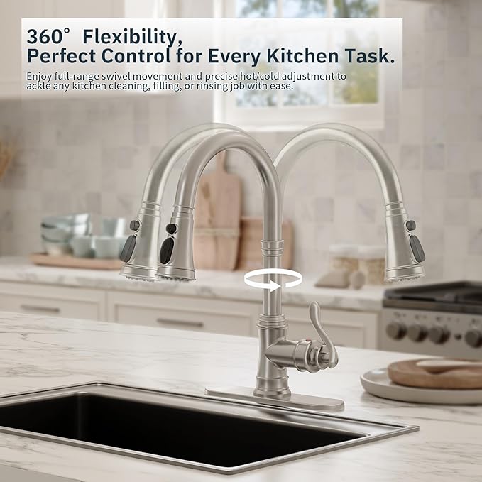 BWE Brushed Nickel Kitchen Faucet with Pull Down Sprayer, Solid Brass Single Handle High Arc Kitchen Sink Faucet, 3 Spray Modes, Deck Plate Included, Farmhouse Bar Kitchen Faucet
