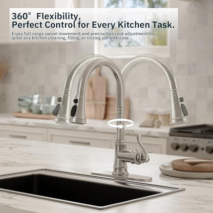 BWE Brushed Nickel Kitchen Faucet with Pull Down Sprayer, Solid Brass Single Handle High Arc Kitchen Sink Faucet, 3 Spray Modes, Deck Plate Included, Farmhouse Bar Kitchen Faucet