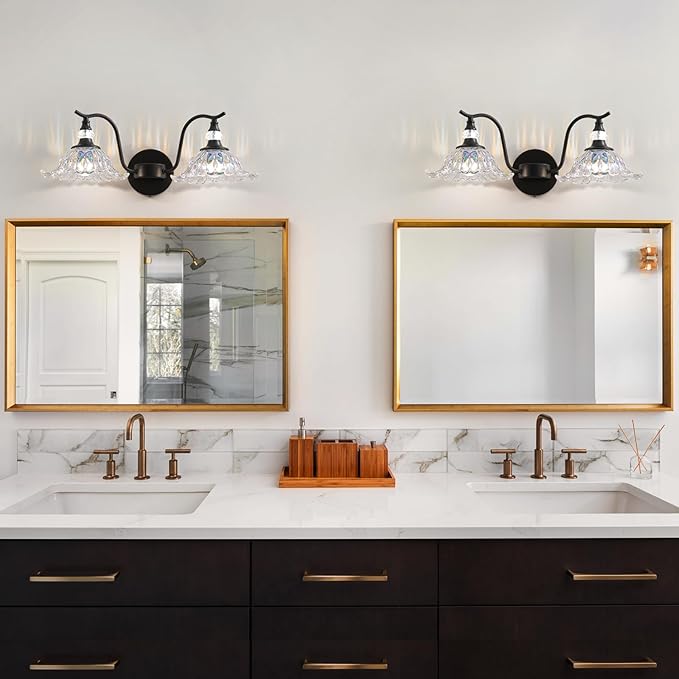 Vintage Bathroom Vanity Light Fixtures - 2 Light Iridescent Flower Glass Antique Matte Black Bathroom Light Fixture Over Mirror,Retro High End Wall-Mounted Vanity Lighting for Bath Powder Room
