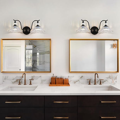 Vintage Bathroom Vanity Light Fixtures - 2 Light Iridescent Flower Glass Antique Matte Black Bathroom Light Fixture Over Mirror,Retro High End Wall-Mounted Vanity Lighting for Bath Powder Room