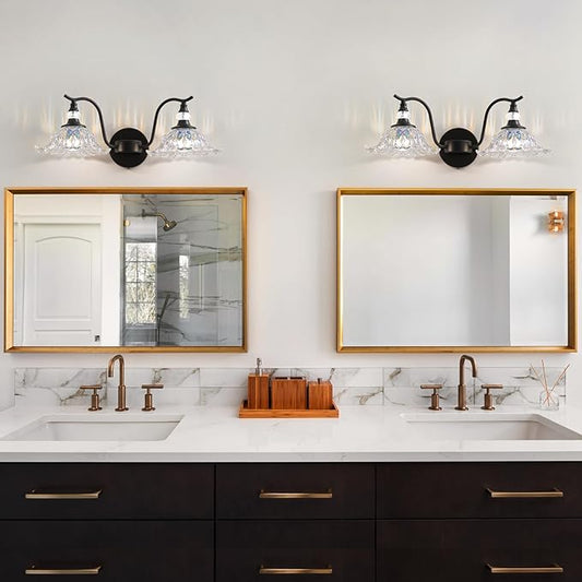 Vintage Bathroom Vanity Light Fixtures - 2 Light Iridescent Flower Glass Antique Matte Black Bathroom Light Fixture Over Mirror,Retro High End Wall-Mounted Vanity Lighting for Bath Powder Room