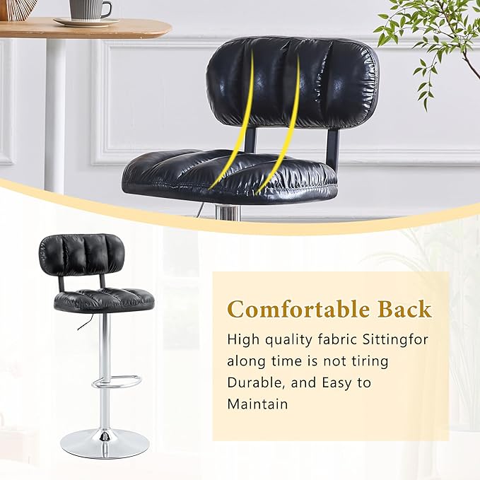 Set of 2 Adjustable Height Bar Stools, Black PU Leather Upholstered with Chrome Base & Footrest, Modern Comfortable Stools for Kitchen Island, Home Bar, Game Room & Office Break Area