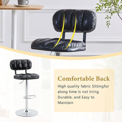 Set of 2 Adjustable Height Bar Stools, Black PU Leather Upholstered with Chrome Base Footrest, Comfortable Stools for Kitchen Island, Home Bar, Game Room Office Break Area