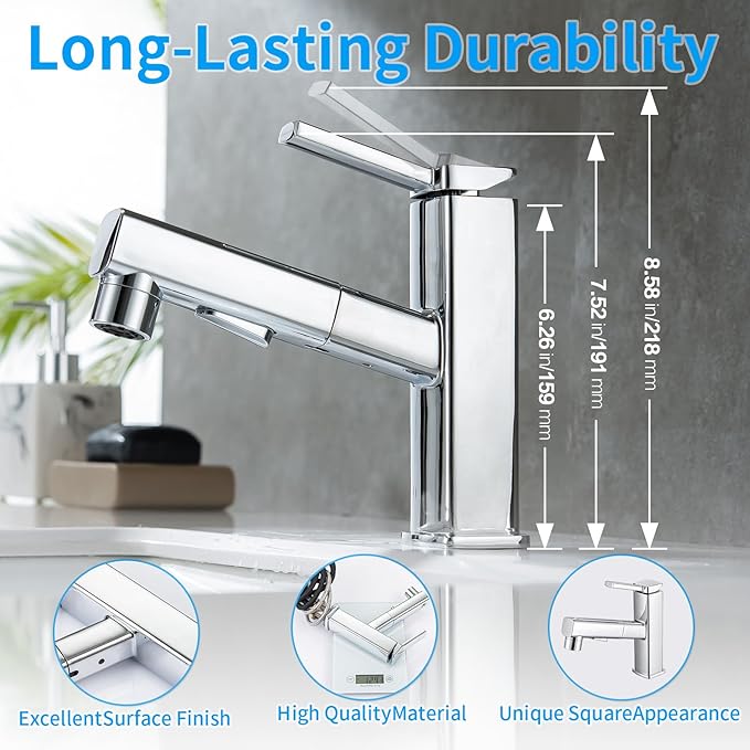 HANLIAN Single Hole Bathroom Pull Out Faucet with Rotating Spout, One Handle Faucet for Bathroom Sink, Modern Bathroom Faucet with Pull Down Sprayer, 3 Modes Lavatory Vanity Faucets (Chrome, Regular)
