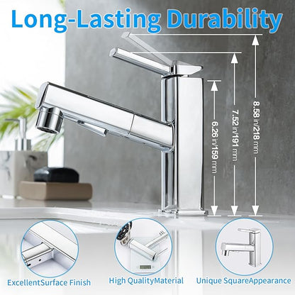 HANLIAN Single Hole Bathroom Pull Out Faucet with Rotating Spout, One Handle Faucet for Bathroom Sink, Modern Bathroom Faucet with Pull Down Sprayer, 3 Modes Lavatory Vanity Faucets (Chrome, Regular)