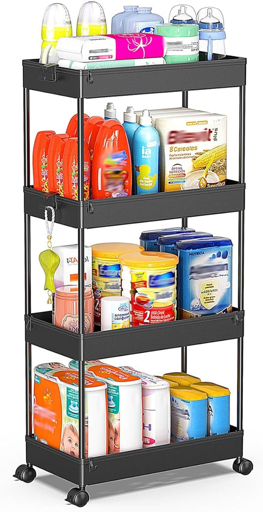 SPACEKEEPER Storage Cart 4-Tier, Bathroom Rolling Cart Utility Storage Organizer Shelf Mobile Shelving Unit for Kitchen Living Room Bathroom Laundry Room & Dressers, Black