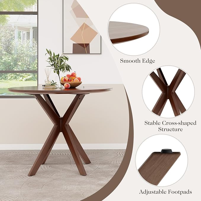 Giantex 36" Round Wood Dining Table, Farmhouse Kitchen Table with Intersecting Pedestal Base & Solid Rubber Wood Legs, Vintage Coffee Tables for Dinette, Small Spaces, Restaurant, Brown