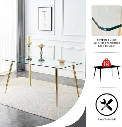 Baysitone Glass Dining Table for 4 with 63 inch Clear Rectangular Glass Top, 0.31" Modern Tempered Glass Kitchen Table Furniture with 4 Gold Plating Metal Legs for Home Dining Room