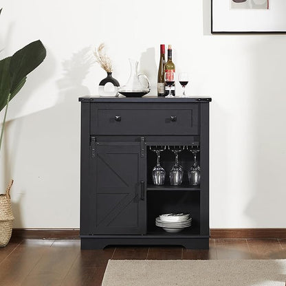 Buffet Cabinet with Storage, Farmhouse Coffee Bar Cabinet with Goblet Holder and Drawer, Sideboard with Barn Door for Kitchen, Dining Room, Living Room, Black