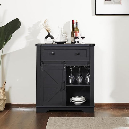 Buffet Cabinet with Storage, Farmhouse Coffee Bar Cabinet with Goblet Holder and Drawer, Sideboard with Barn Door for Kitchen, Dining Room, Living Room, Black