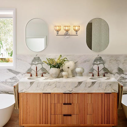 Shenmoyl Bathroom Light Fixtures, 3-Light Vanity wall Light Over Mirror with Amber Tulip Glass Shade for Bedroom Living Room (Bulb Not Included), Satin Nickel