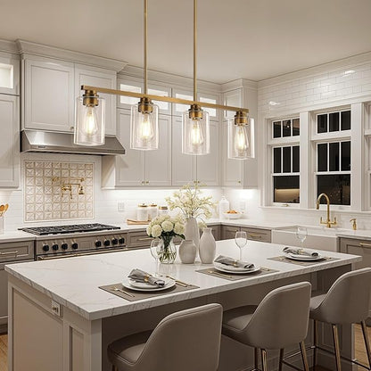 Mecgirn Island Light for Kitchen, Brushed Brass Dining Room Light Fixture Over Table, 4-Light Linear Chandelier Pendant Lighting for Dining Table Kitchen Island Living Room