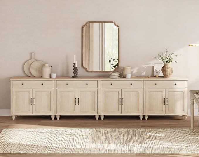 WAMPAT Buffet Cabinet with 8 Doors and 4 Drawers, Large Coffee Bar Table Wood Kitchen Storage Cabinets with Storage Cabinets, Modern Farmhouse Sideboard Credenza for Dining Room, Beige, 136 inch