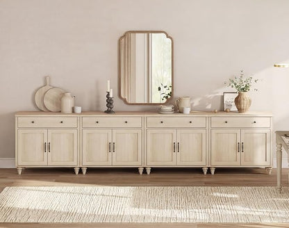 WAMPAT Buffet Cabinet with 8 Doors and 4 Drawers, Large Coffee Bar Table Wood Kitchen Storage Cabinets with Storage Cabinets, Modern Farmhouse Sideboard Credenza for Dining Room, Beige, 136 inch