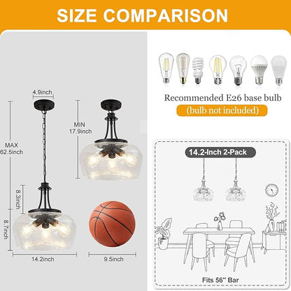 Modern Pendant Lights Kitchen Island, 3-Light Black Pendant Light Fixtures with 14.2" Clear Air Bubble Glass Shade, Industrial Hanging Pendant Lights Fixture for Kitchen Island, Dining Room, Entryway