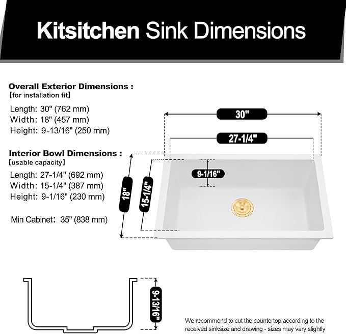 Kitsitchen White Undermount Kitchen Sink, Granite Composite Kitchen Sink with Drain Assembly & Bottom Gird, 30 Inch Quartz Stone Kitchen Sink (White, 30"x18")